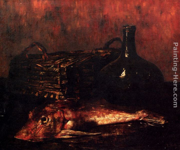 A Still Life With A Fish, A Bottle And A Wicker Basket painting - Antoine Vollon A Still Life With A Fish, A Bottle And A Wicker Basket art painting